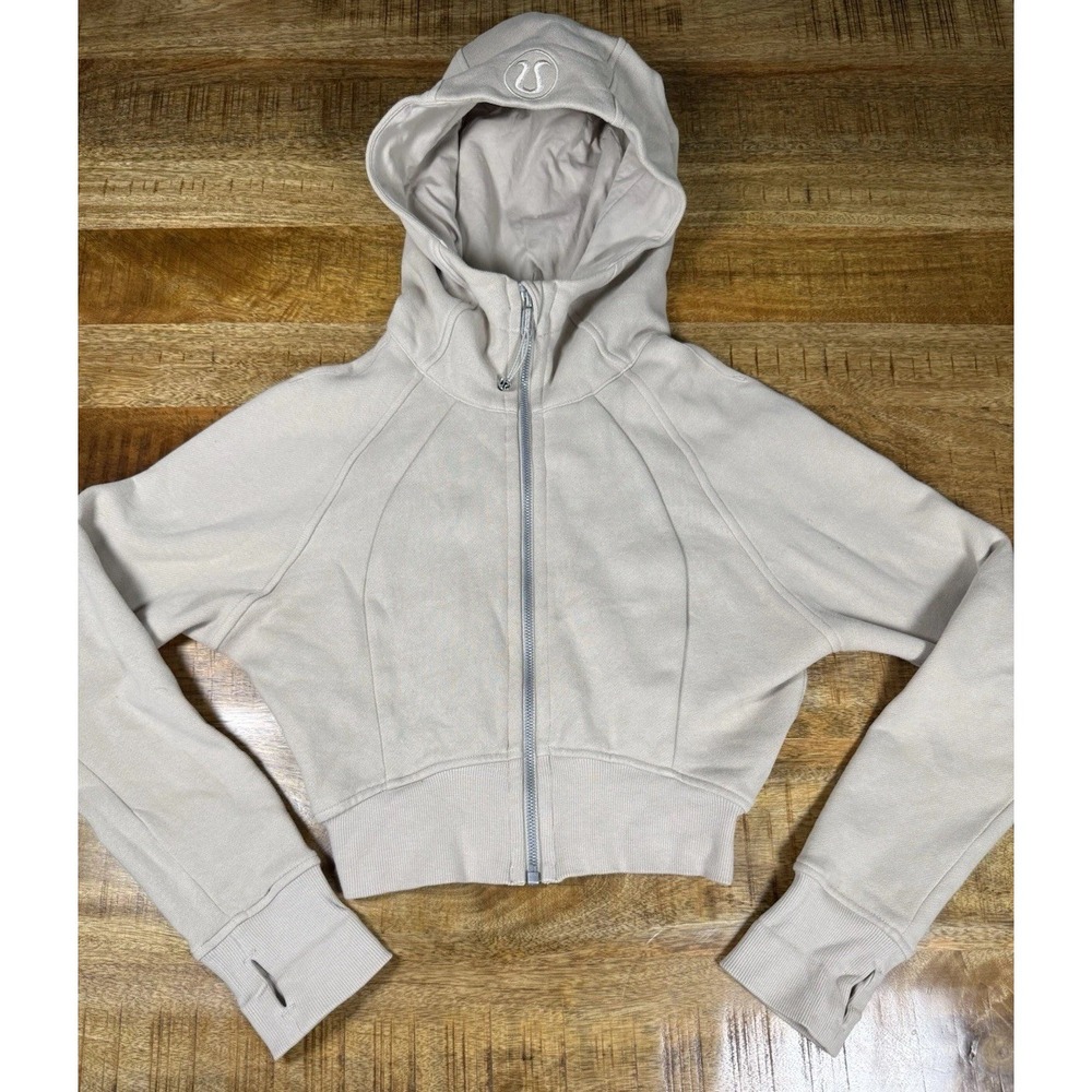 Lululemon Scuba Cropped Full Zip Hoodie Womens Small (4) Beige Thumbholes Logo